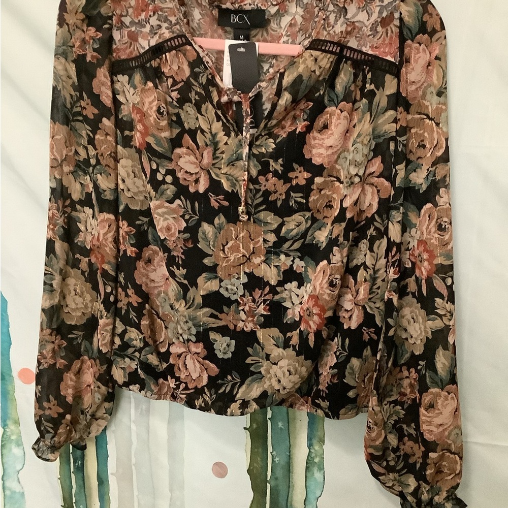 NWT BCX Women’s Medium Dressy Floral Blouse Sheer Sleeve women’s medium top NEW
